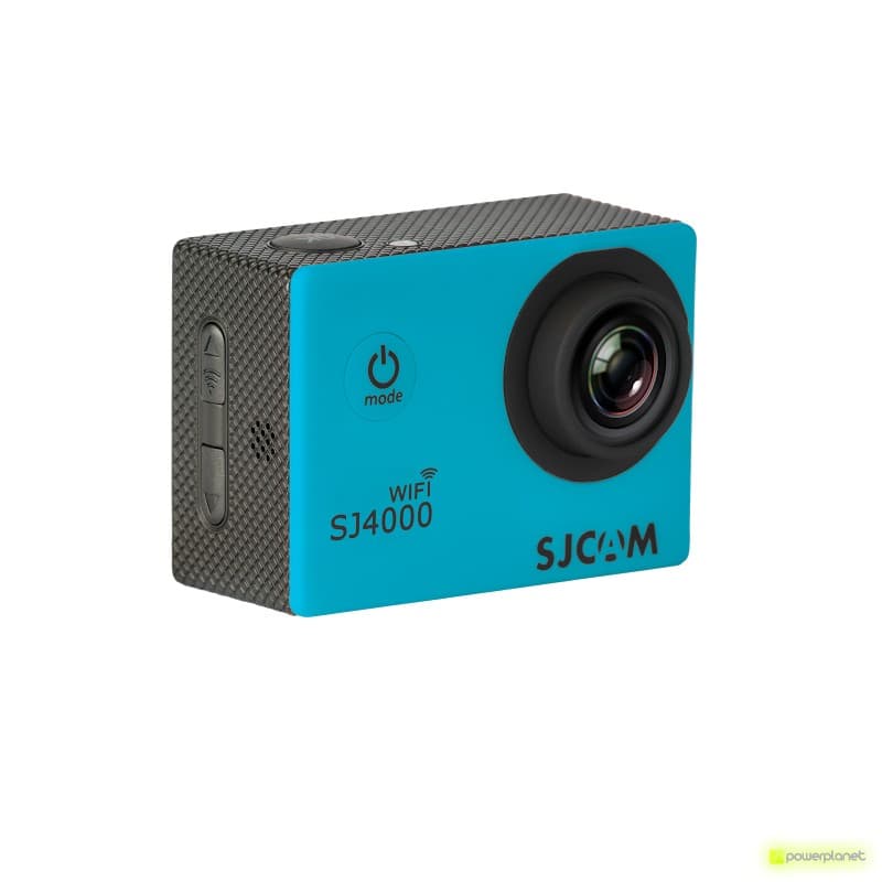 SJCAM SJ4000 WIFI Cámara Deportiva azul con lente gran angular prominente, botón de encendido frontal, carcasa texturizada gris y lateral con botones y
