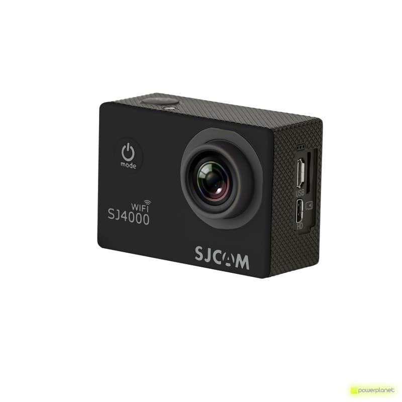 SJCAM SJ4000 WIFI cámara deportiva negra con lente gran angular prominente, botón frontal de encendido y puertos laterales USB y micro HDMI en carcasa