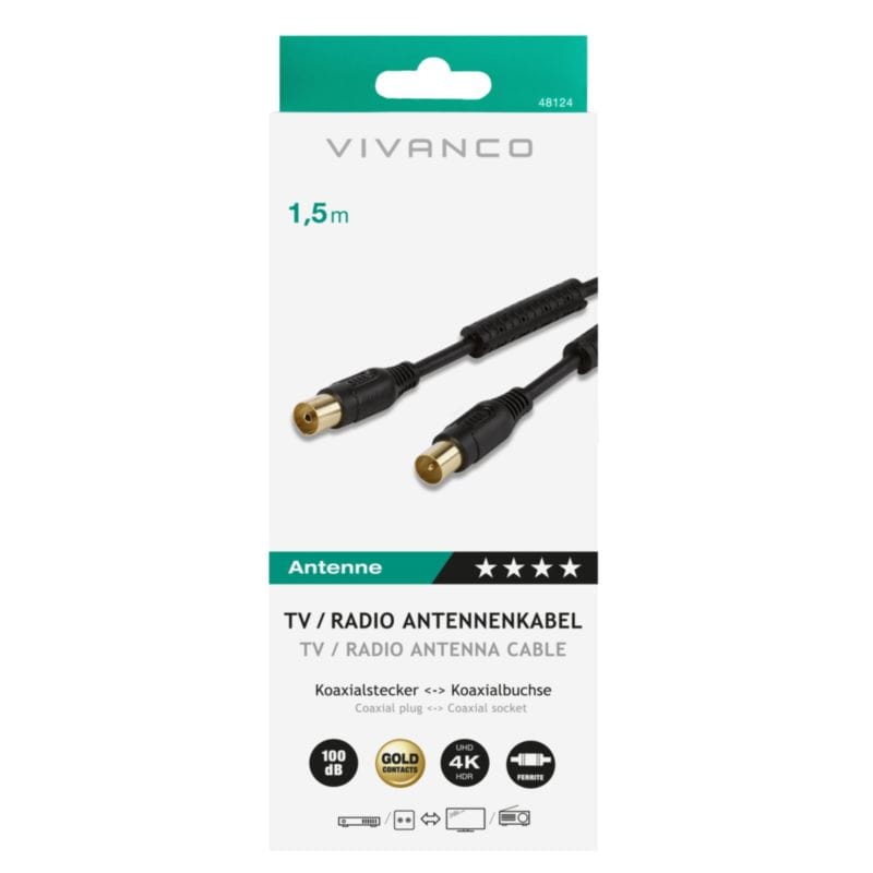 Vivanco 481124 Coaxial Chapado en oro 1,5 metros 100 dB Negro - Cable de antena - Ítem1