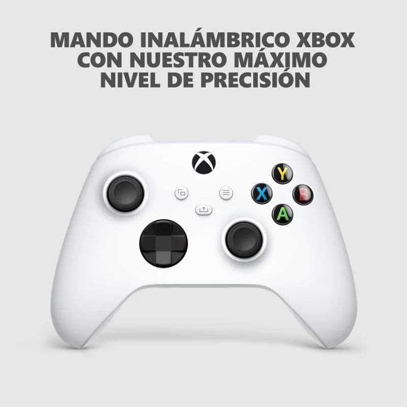 Mando inalámbrico Xbox blanco con cruceta híbrida, gatillos texturizados y botones ABXY en color; diseño ergonómico para precisión y confort