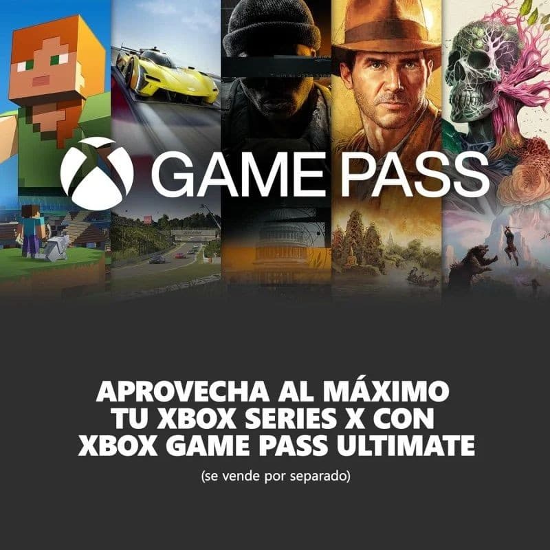 Banner Xbox Game Pass con mosaico de juegos coloridos y logo Xbox sobre fondo oscuro, texto promocional en blanco destacando compatibilidad con Xbox Series X