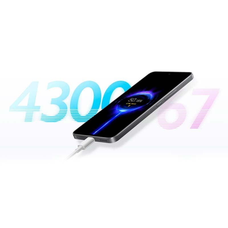 Xiaomi 12 Lite 8Go 128Go Noir avec bords plats, écran punch hole, charge rapide affichée à 67W et batterie 4300 mAh, câble USB branché en bas