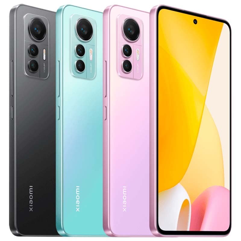 Xiaomi 12 Lite 8Go/128Go Noir avec écran bord à bord perforé, triple caméra arrière verticale, bords plats et finitions noir, vert menthe et rose pastel