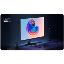 Xiaomi 2K A27Qi 27 pouces IPS avec bords fins, dalle mate, socle métal angulaire, écran 2K net aux couleurs vives, bureau sombre avec clavier et souris