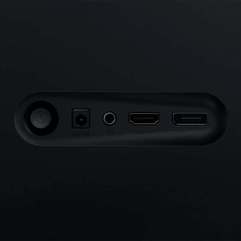Panneau de connexions du Xiaomi 2K A27Qi: bouton d alimentation, entrée DC, prise audio, HDMI, DisplayPort sur finition noire mate