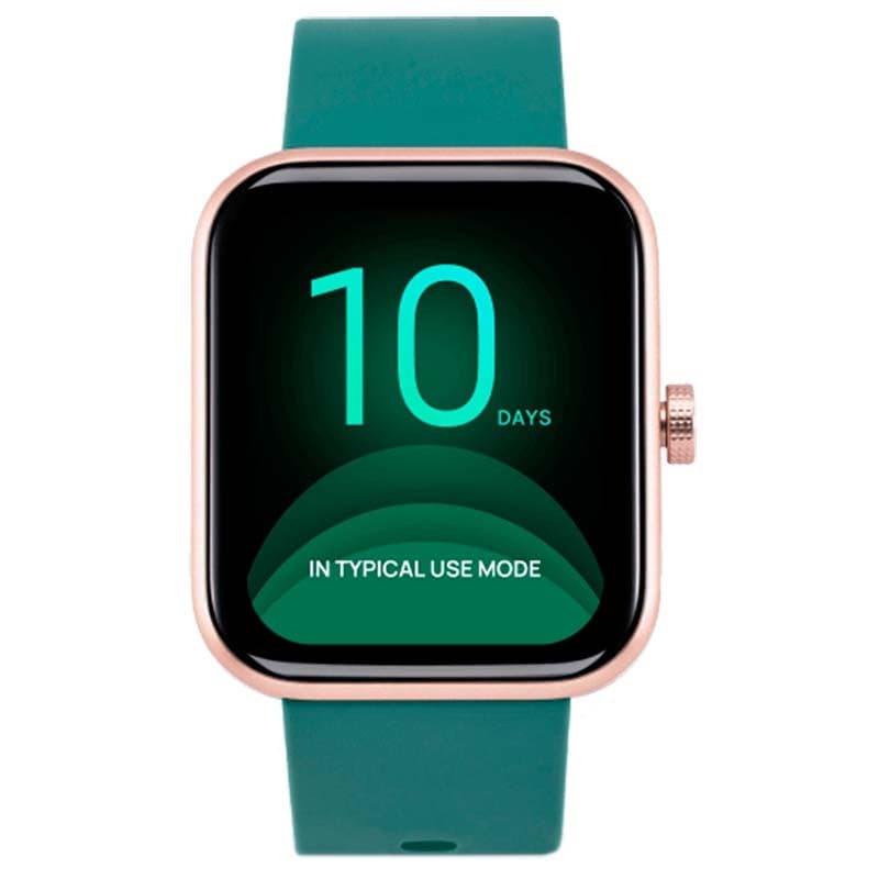Xiaomi Maimo Watch dourado rosa com pulseira verde, caixa retangular e coroa lateral. Tela grande com mostrador digital verde indicando 10 days de bateria.