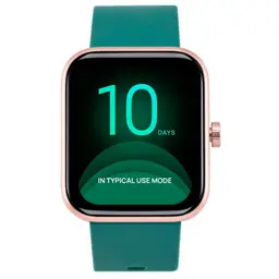 Xiaomi Maimo Watch dourado rosa com pulseira verde, caixa retangular e coroa lateral. Tela grande com mostrador digital verde indicando 10 days de bateria.