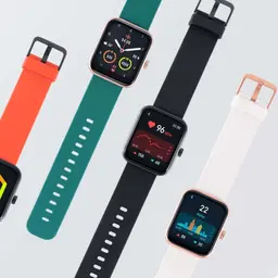 Xiaomi Maimo Watch dourado rosa com pulseiras trocáveis verde, preto e branco, tela retangular colorida, mostradores fitness e sensor de batimentos