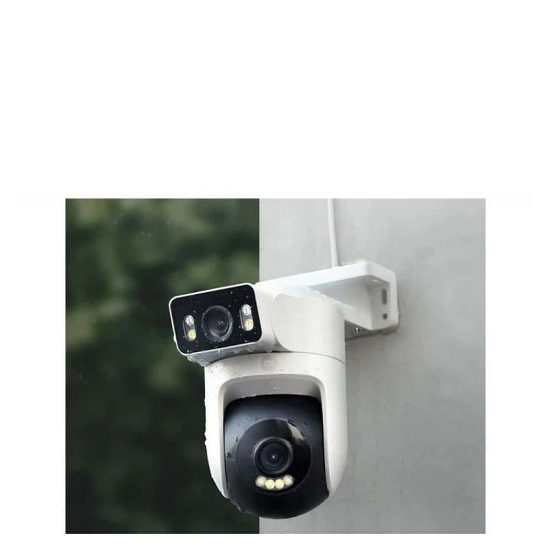 Câmara exterior Xiaomi CW500 Dual WiFi 2,5K branca, corpo robusto IP66, lente PTZ e módulo dual com LEDs e visão noturna a cores; montagem em parede