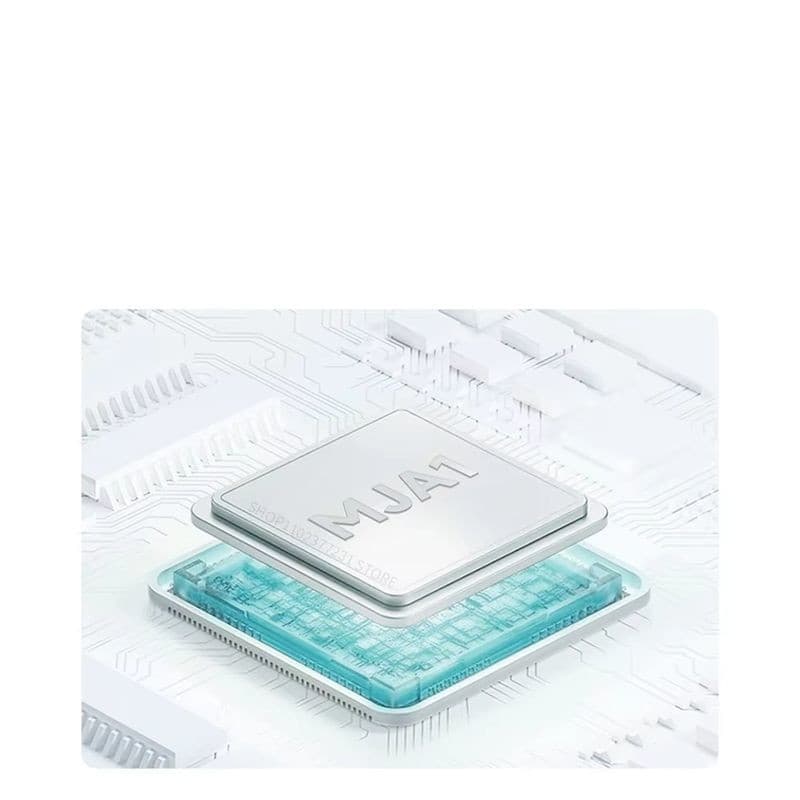 Chip MJAI da Câmara exterior Xiaomi CW500 Dual WiFi 2,5K, módulo branco com placa translúcida azul em placa-mãe, destaque para processamento e visão