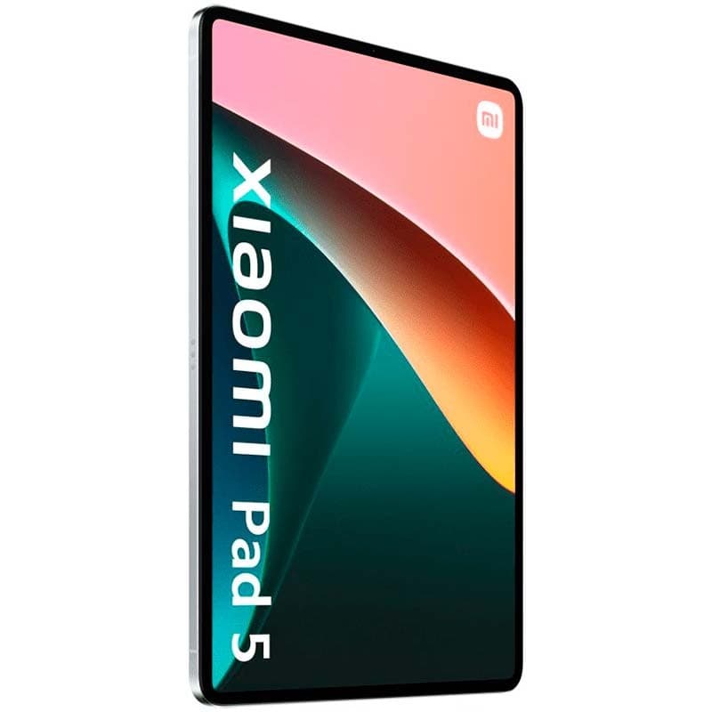 Tablette Xiaomi Pad 5 blanche avec grand écran bord à bord, bordures fines en aluminium, affichage lumineux aux tons corail et vert, logo Mi en coin