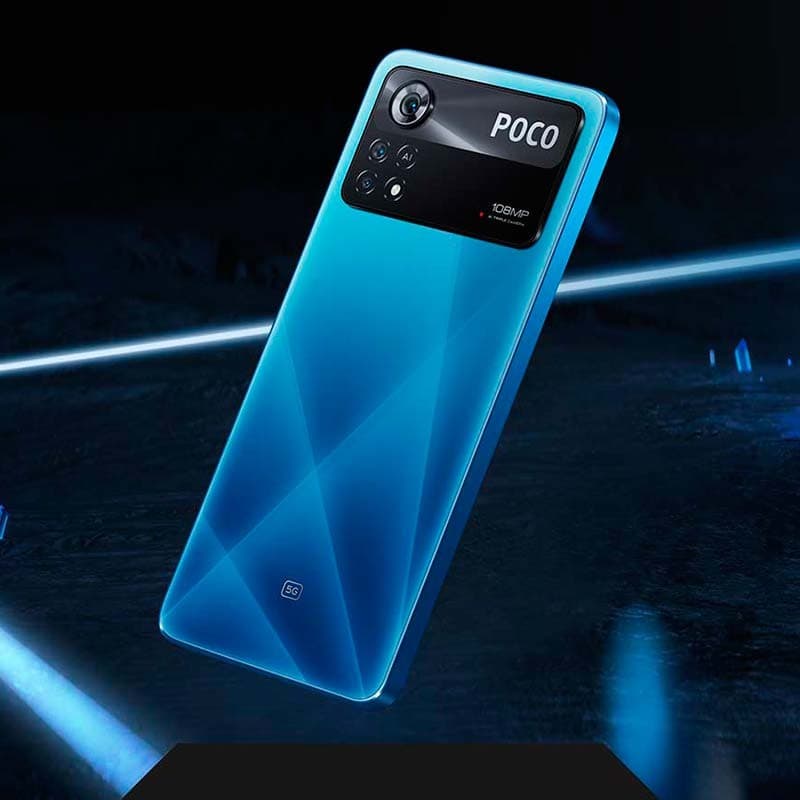 Xiaomi Poco X4 Pro 5G 8GB/256GB Azul com traseira azul em degradê, módulo de câmeras retangular, lente 108 MP destacada e logotipo POCO brilhante