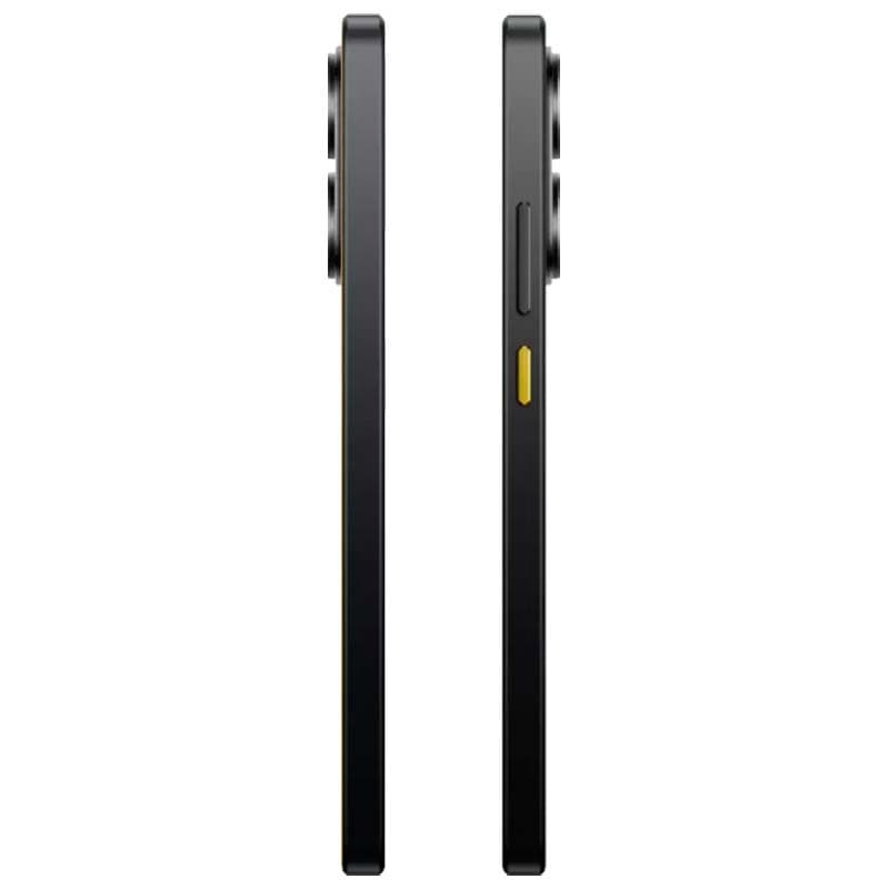 Xiaomi Poco X7 Pro 5G 12GB 512GB Amarelo visto de lado com corpo fino, moldura preta angular, botão lateral amarelo e módulo de câmera traseira saliente