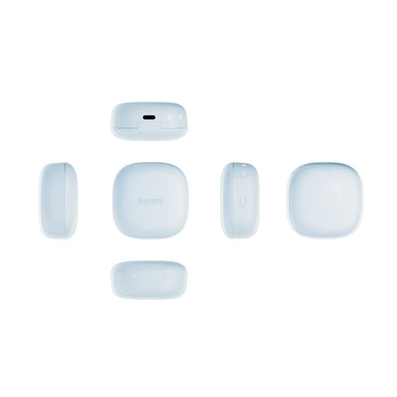 Xiaomi Redmi Buds 6 Play Azul com estojo compacto brilhante, cantos arredondados, porta USB-C e botão lateral; design minimalista em azul claro
