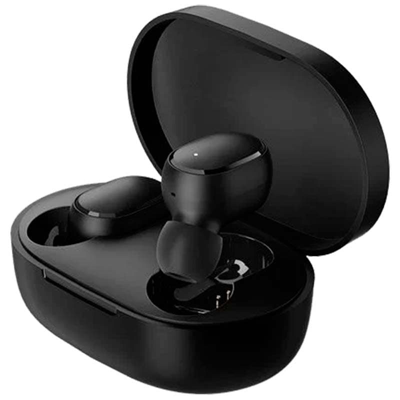 Vista frontal e lateral dos auriculares Bluetooth Xiaomi Redmi Buds Essential Preto