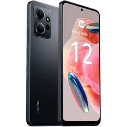 Xiaomi Redmi Note 12 4G cinzento com ecrã perfurado, moldura fina e módulo triplo de câmaras traseiras salientes; design elegante em acabamento mate