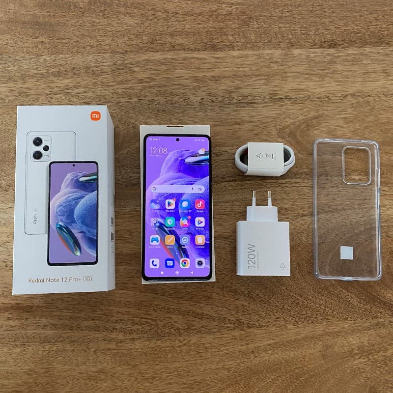 Xiaomi Redmi Note 12 Pro+ 5G preto recondicionado Classe B com tela perfurada, câmera tripla, capa transparente, carregador 120W, cabo e caixa