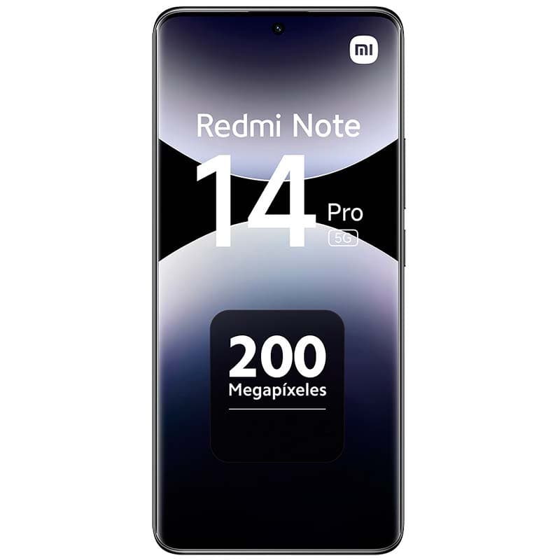 Xiaomi Redmi Note 14 Pro 5G noir avec grand écran bord à bord, poinçon central, mention 200 MP et 512 Go 12 Go affichés sur linterface elegante