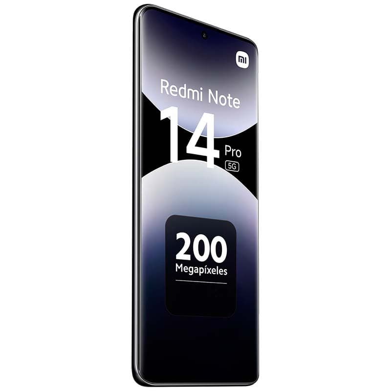 Xiaomi Redmi Note 14 Pro 5G noir avec écran bord à bord, perforation centrale et mention 200 mégapixels, design fin et reflets métalliques