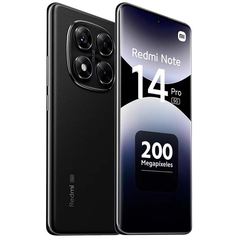 Smartphone noir élégant avec écran percé bord à bord, module photo arrière quadruple proéminent et marquage 200 MP, Redmi Note 14 Pro 5G 512 Go 12 Go