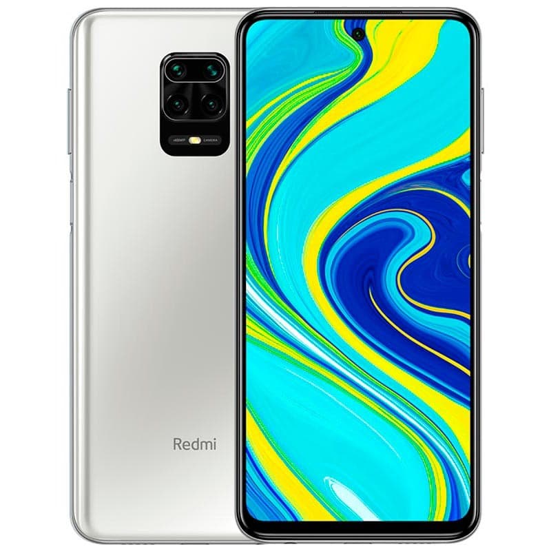 Xiaomi Redmi Note 9S plateado con pantalla grande sin marcos, cámara cuádruple trasera y frontal en orificio central, 4GB RAM y 64GB almacenamiento,