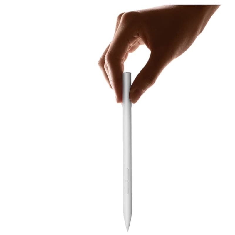 Xiaomi Smart Pen 2ª Generación Stylus Pad 5 y Pad 6 en color blanco, cuerpo delgado mate, punta fina y botones laterales, sostenido por una mano