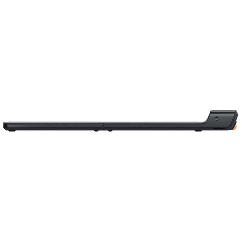 Cinta de correr compacta y plegable en color negro, perfil lateral ultrafino con base larga y módulo trasero elevado con ruedas naranjas para fácil transporte