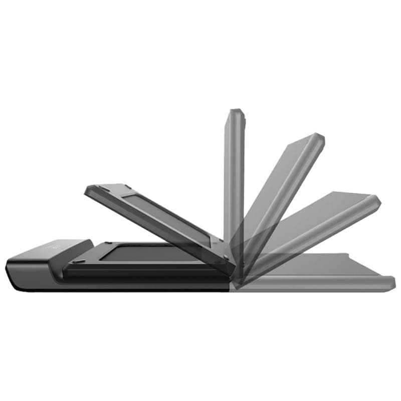 Cinta de correr compacta y plegable, diseño gris minimalista, plataforma baja con bisagra central y panel frontal ancho; ideal para uso doméstico y fácil
