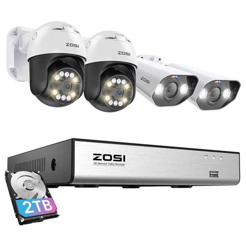 2 câmaras ZOSI C296 5MP 3K WiFi P/T PoE IP66 branco + 2 câmaras ZOSI C182 5MPx FullHD + visão noturna gravação inteligente IP66 branco + NVR de 8 canais + disco rígido HDD de 2 TB - Item