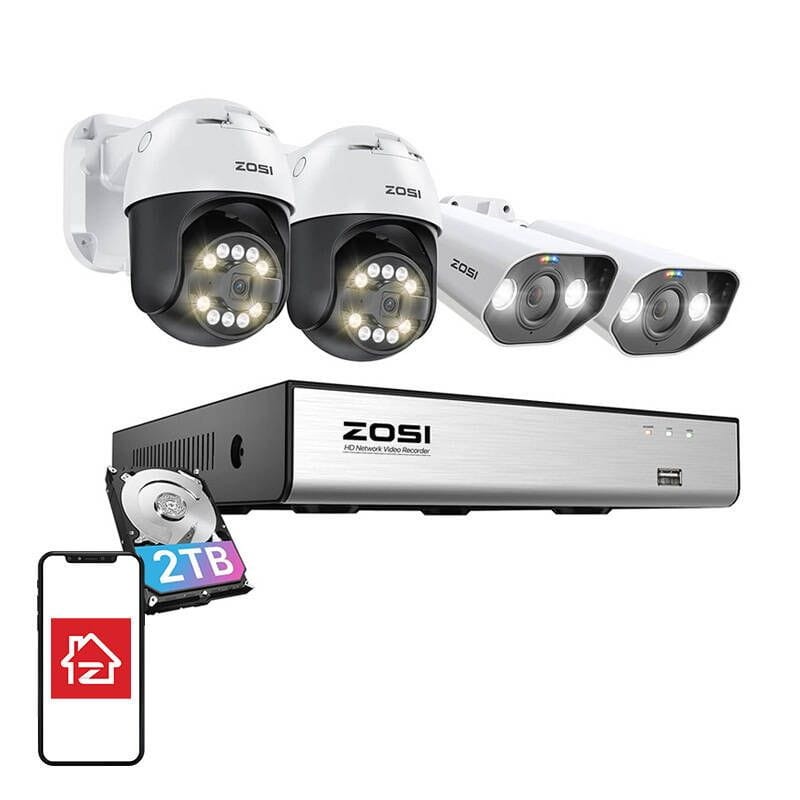 2 câmaras ZOSI C296 5MP 3K WiFi P/T PoE IP66 branco + 2 câmaras ZOSI C182 5MPx FullHD + visão noturna gravação inteligente IP66 branco + NVR de 8 canais + disco rígido HDD de 2 TB - Item1